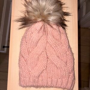 Pink Cable Knit Beanie with Faux Fur Pom